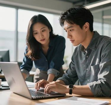 Two technology professionals in a modern North American workspace discussing a project over a laptop, natural morning light, wearing professional business casual attire.