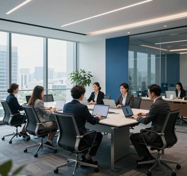 A bright, modern North American corporate office featuring a glass conference room and professionals working at sleek desks, sky blue and dark blue accents, high-end commercial photography.