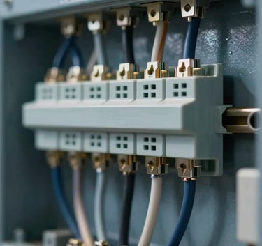 Detailed close-up of high-quality electrical wiring and modern components in a North American / US commercial building, emphasizing precision and safety in slate blue and metallic tones.