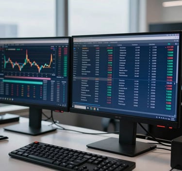 A close-up, high-end photograph of a professional workstation in a high-rise office, featuring multiple monitors with real-time currency data, soft sky white and deep navy blue tones, International Financial Market / Professional.
