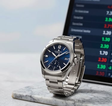 A sharp, professional photograph of a luxury watch next to a tablet showing currency exchange rates on a marble surface, slate blue and soft sky white palette, International Financial Market / Professional.