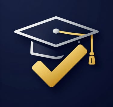 A sleek, modern graphic of a graduation cap combined with a digital checkmark, stylized in gold (#C9940A) and light gray (#F7F7F7) against a dark navy background. The design is minimalist and premium, symbolizing academic success and verified quality.