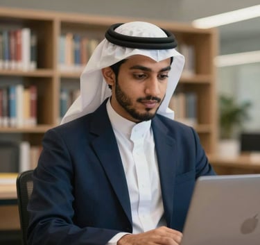 A professional portrait of a Saudi student looking focused while working on a sleek laptop in a modern, clean library setting. The background features blurred bookshelves with a sophisticated lighting setup. Colors incorporate subtle hints of navy (#0F1E3D) and gold (#C9940A) through office accessories and lighting.