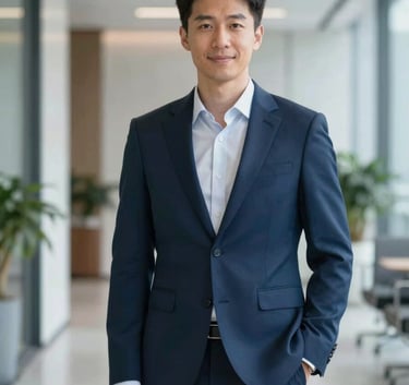 A professional portrait of an executive leader in a tailored suit, standing in a contemporary office hallway. Clean lines, soft lighting, reflecting the brand mood of trustworthiness and modern style. Incorporates colors #3E5A73 and #F6F8FA.