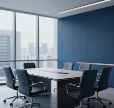 A minimalist, wide-angle shot of a modern executive boardroom with sleek furniture and a view of a cityscape. Dominated by deep blue tones #1C2D3B and soft grey #8CA3B8. Evokes trust and excellence.