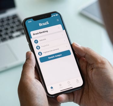 Photography of a Brazilian person's hands holding a smartphone, displaying a clean and modern banking application. The background is a soft-focus professional workspace in light blue tones.