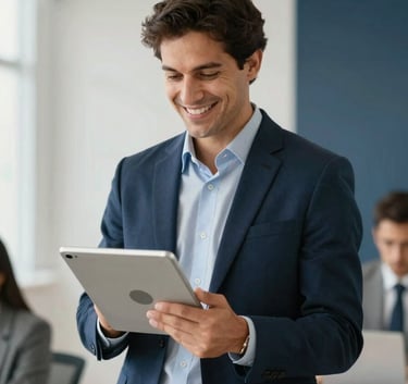 A professional person in a South American business environment using a modern tablet computer with a smile, showcasing efficiency and confidence. Bright, clean interior with off-white and dark blue decor.