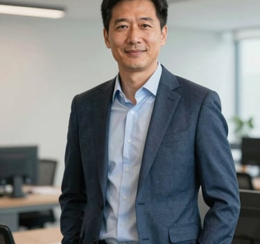 A candid portrait of a professional strategist in a bright North American / US corporate office, soft steel blue and off-white tones, sophisticated and clean lighting.