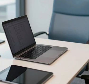 A sleek workspace in a North American / US office with a focus on a high-end laptop and tablet, off-white desk, muted slate blue office chair, professional atmosphere.