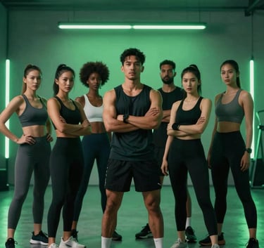 A group of professional fitness creators of diverse backgrounds standing together in a futuristic, minimal warehouse studio. Mood is powerful and unified. Lighting is moody with neon green light bars in the background.