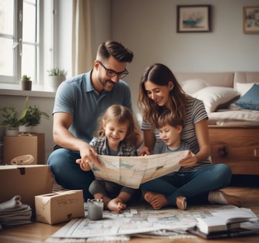 a family of three sitting on the floor of a living room