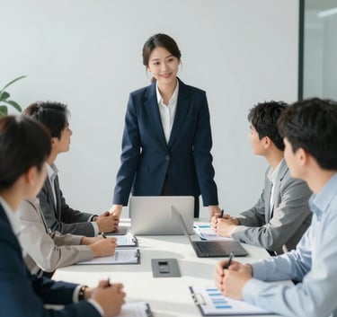 A professional team meeting around a conference table in a sunlit office, focusing on collaboration and financial planning, with a clean and minimal aesthetic featuring tones of blue and white.