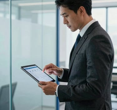 A professional executive in a charcoal black suit reviewing a digital tablet displaying secure document archives, in a bright modern office with ice blue glass partitions and steel blue accents, high-end photography.