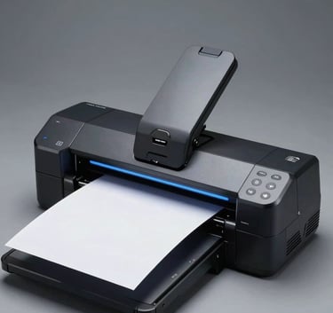 A high-speed professional document scanner in a clean, minimalist workspace, with charcoal black details and steel blue lighting, capturing the efficiency of modern digitalization.