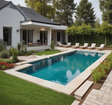 A gardener trimming shrubs in a well-maintained residential garden.
