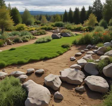 A gardener trimming shrubs in a well-maintained residential garden.