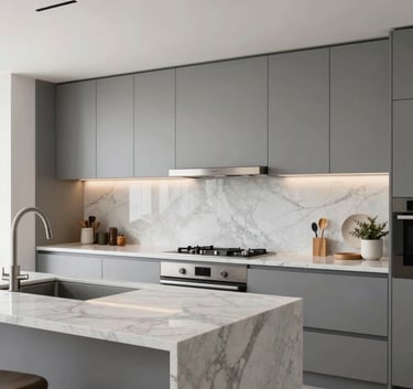 Modern minimalist kitchen interior with marble countertops and slate gray cabinetry, bright and airy Mexican luxury home atmosphere, professional interior photography.