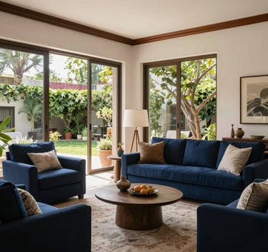 A sophisticated North American / Mexican living room with large glass windows overlooking a private garden in Guadalajara, elegant navy blue furniture, natural light, professional photography style.