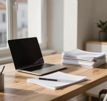 A bright, professional home office in a European / Portuguese apartment. Minimalist wooden desk, a sleek laptop, and a stack of organized documents with soft morning sunlight.
