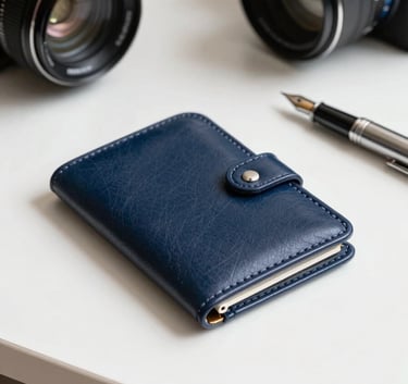 Close-up photography of a high-quality navy blue leather folder and a silver fountain pen on a white desk. Professional and organized aesthetic in a European / Portuguese corporate style.