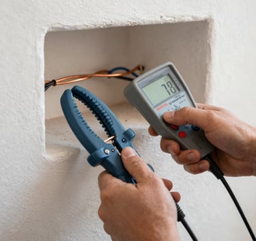 Close-up photography of professional hands using a digital ammeter clamp on copper electrical wiring inside a Spanish / Andalusian home. Soft daylight, clean composition, showing technical expertise with gray-blue tools.