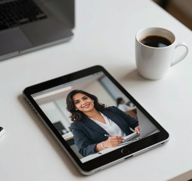 High-angle shot of a digital workspace with a tablet and coffee, reflecting a modern Latinoamericana corporate environment, clean lines, professional aesthetic, soft daylight.