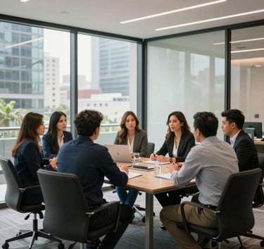 A collaborative meeting room in a Latinoamericana business district, glass walls, modern furniture, professional team collaborating, bright and airy lighting.