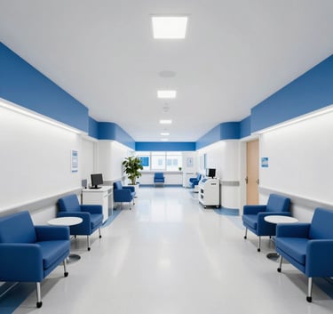 A wide-angle professional photograph of a bright, modern North American hospital administration suite. The room is filled with clean lines, white walls, and royal blue accents. It conveys a sense of high-level organization and trustworthiness.