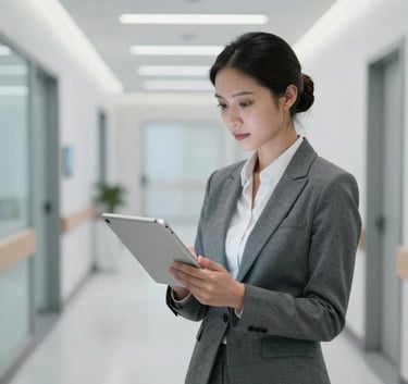 A professional North American woman in business attire looking at a tablet screen while standing in a high-tech medical facility hallway. The composition is clean and focused, reflecting confidence and data-driven expertise with soft lighting and grey and white tones.