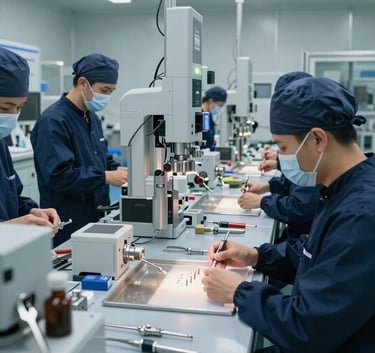 A wide shot of a sterile, high-tech manufacturing floor in the US where medical instruments are assembled. Employees are in professional lab attire. The lighting is bright and industrial. Palette includes slate blue and dark navy.