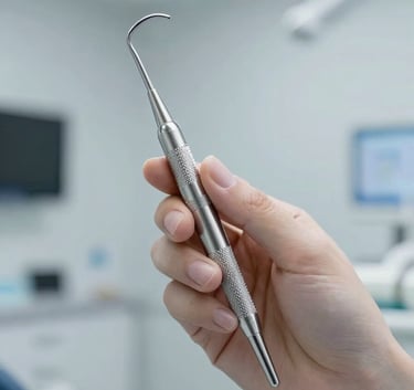 A professional North American dentist's hand holding a high-precision, polished stainless steel dental explorer. The background is a clean, out-of-focus modern dental suite with soft lighting. Colors include light gray and slate blue.