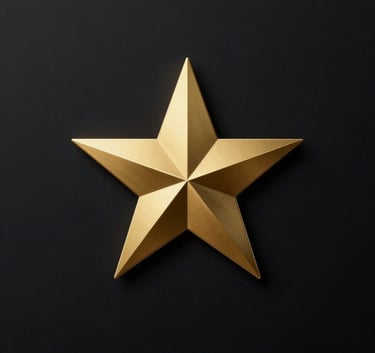 A minimalist, 3D abstract star logo with a brushed gold metallic finish (#D4AF37), centered on a deep black background (#0A0A0A), illuminated by soft, professional studio lighting.