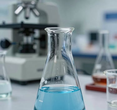 A close-up shot of blue liquid in laboratory glassware reflecting a clean, scientific workspace with industrial equipment in the soft-focus background.