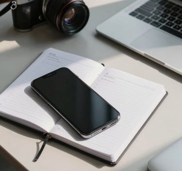 A minimalist flat lay on a light gray desk in a North American office, featuring a smartphone, a planner, a camera, and a laptop, lit by soft afternoon sun.