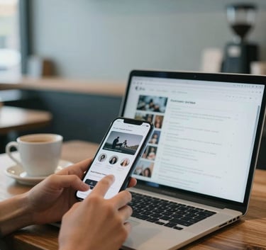 A bright North American coffee shop interior where a person is efficiently using a smartphone and laptop to manage social media profiles, featuring soft blue and gray color tones.