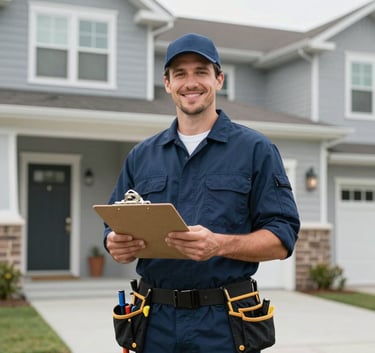 A professional plumber standing confidently in front of a modern North American / US suburban home, wearing a clean dark blue uniform with a tool belt, holding a clipboard and smiling, suggesting expert and friendly service.