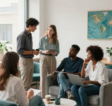 Lifestyle photography of a group of young professionals collaborating in a bright, modern co-working space, Global / African diaspora. The scene is filled with natural light, featuring cool gray furniture and teal decor elements.