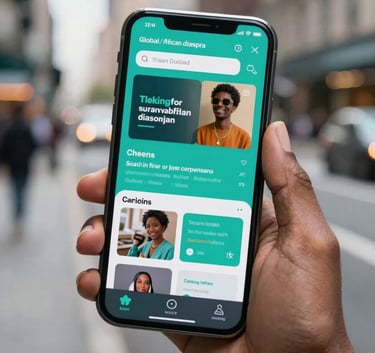 A close-up photograph of a modern smartphone held by a person in a stylish urban setting, Global / African diaspora. The screen shows a vibrant campaign tracking dashboard with teal highlights. Clean bokeh background of a bustling city street.