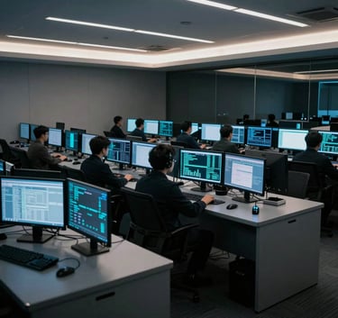 A wide-angle shot of a sleek, dark-themed operations center in a North American city. Dozens of glowing monitors display data analytics in bright cyan. The atmosphere is professional and technologically advanced, with soft white lighting accents.