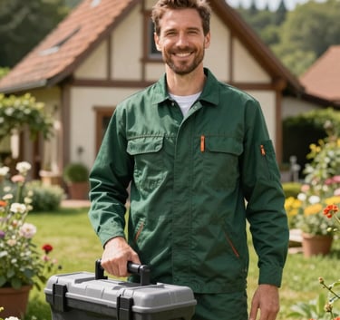 A friendly professional handyman in a dark forest green work shirt standing outside a charming Central European / French house in the Meys countryside. He is smiling warmly, holding a clean toolbox, with a sunny garden in the background.