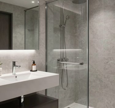 A professional interior shot of a modern bathroom renovation in Noord-Holland. Features include a floating vanity, rain shower with glass enclosure, and bespoke tiling in light gray tones. The style is clean, modern, and exudes luxury.