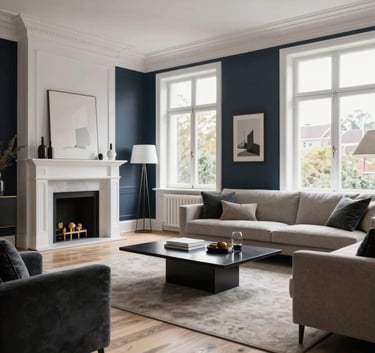 A wide-angle professional photograph of a masterfully renovated Dutch living room with sleek white plasterwork, dark navy accent walls, and high-end laminate flooring. The furniture is modern and sophisticated, reflecting a luxurious lifestyle. Soft daylight streams through large windows.