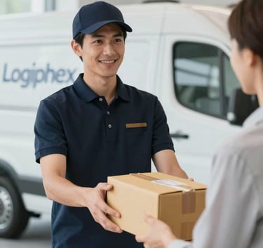 A professional courier in a modern dark uniform handing a package to a client in a bright, contemporary office setting. A delivery vehicle with Logiphex branding is visible in the background, showing precision and reliability.