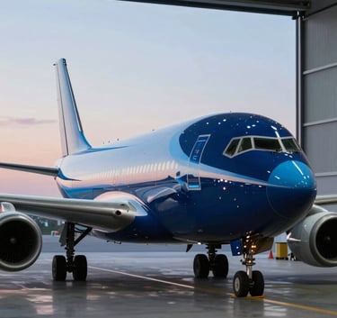 A sleek modern cargo plane parked at a high-tech hangar during twilight, with sophisticated lighting reflecting off the fuselage. Incorporates deep navy (#1C4E80) and light blue (#56A8C7) accents in the environment.