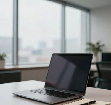 A sophisticated North American office interior with a focus on a modern laptop and a notebook on a clean surface, illuminated by soft natural light from large windows.
