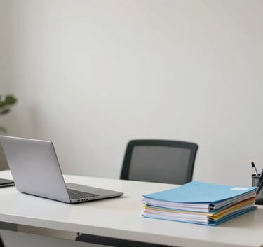 A minimalist and sophisticated office scene in a South Asian / Indian corporate hub, featuring a clean desk with a laptop and organized files, colored in a palette of off-white and light blue, professional and efficient vibe.