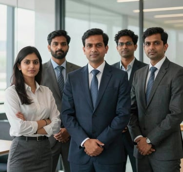 A group of South Asian / Indian professionals, including a CA and a CS, standing together in a modern, light-filled office with glass walls, dressed in business formal attire, looking professional and trustworthy.