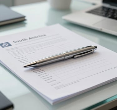 Professional photography of a silver high-end pen resting on a technical appraisal document on a clean glass desk, South American office setting, bright and sophisticated lighting, white and gray-blue tones.