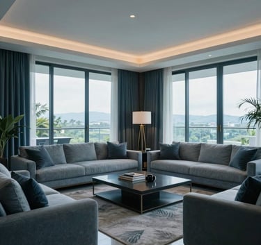 Interior photography of a spacious and elegant South American penthouse living room, contemporary design with floor-to-ceiling windows, natural soft lighting, colors reflecting slate blue and light gray-blue.