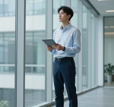 A confident professional standing in a modern glass-walled office corridor holding a tablet, looking towards the future, global international setting, innovative and empowering mood, palette of light blue and dark blue.